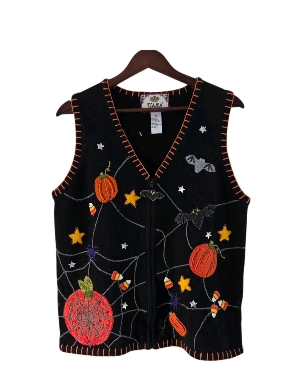 Tiara international Black Halloween Bat Candy Corn Embellished Sweater Vest M